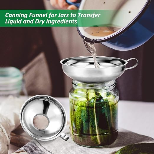 Canning Funnel with Strainer, Food Grade Funnel for Kitchen Use, Metal Large & Small Wide Mouth Funnels for Mason Jars, Stainless Steel & Dishwasher Safe