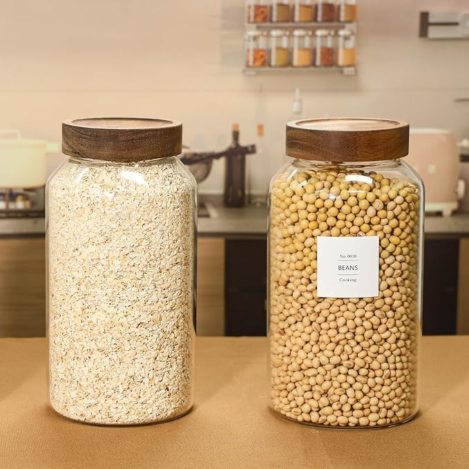 KEYWING 88oz Glass Jars w/Acacia Lids for Flour & Sugar Storage Containers | 3Pcs Large Airtight Food Storage Containers , Pantry Organizers for Rice, Pasta, Cereal, Cookies –88 fl.oz with 126 Labels