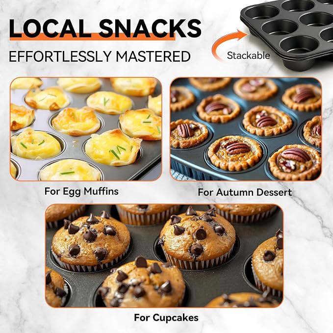 Yoehka 2 Pack Muffin Pan for Baking, Non-stick Cupcake Pan Set, Black | Standard 12-Cups Muffin Tin for Baking Cupcakes, Carbon Steel Baking Supplies