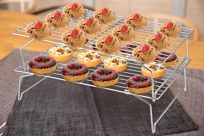 P&P CHEF Cooling Rack Set of 2, 2-Tier 16.5" x 11.4" Stackable Rack, Silver | Stainless Steel Stackable Wire Cooling Racks for Baking Cooking Roasting, Collapsible & Heavy Duty, Oven Safe & Easy Clean