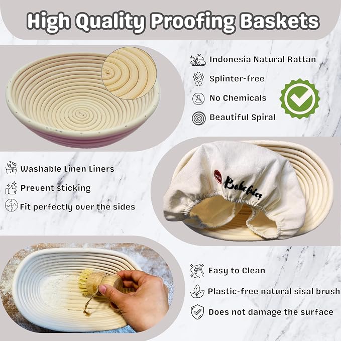Artisan Bread Banneton Proofing Basket Set of 2, 9 inch Round & 10 inch Oval Sourdough Baskets with Danish Whisk, Dough Cutter, Scraper, Flour duster, Cleaning Brush, Bread Lame &10 Blades