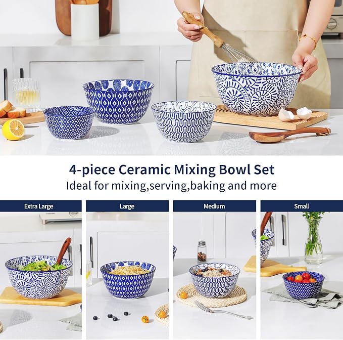 Selamica Ceramic Mixing Bowls, Nesting Bowls Set of 4 for Mixing, Baking, Prepping, Cooking, Salad, 20/36/60/123 oz, Microwave & Dishwasher Safe, Vintage Blue