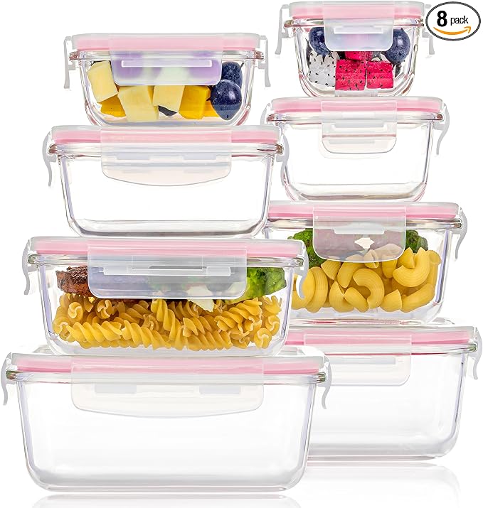 Vtopmart 8 Pack Glass Food Storage Containers with Airtight Lids | Meal Prep Lunch Containers, Leakproof, Leftover Storage, Take-out, Microwave, Oven, Freezer and Dishwasher Safe, BPA Free