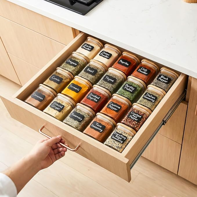 12 Pack 4 oz Square Glass Spice Jars with Lids and Labels – Airtight Small Seasoning Containers Set, Clear Glass Storage Jars for Seasoning, Spices, Kitchen Pantry Organization