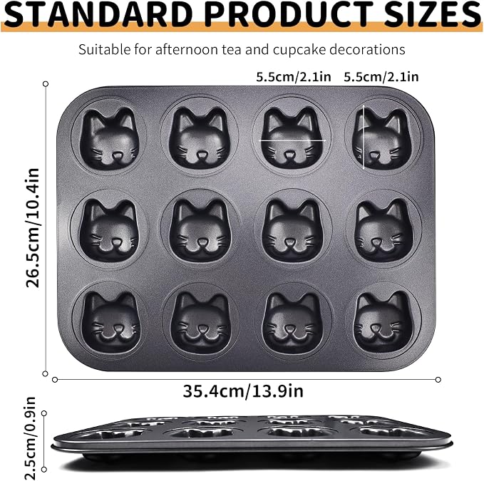 Mini Cat Shaped Muffin Pans, 12 Cavity Non-Stick Madeleine Mold Cake Pan, Mini Muffin for Edible Cat Cake Topper Decoration Shower Birthday Party Decorations