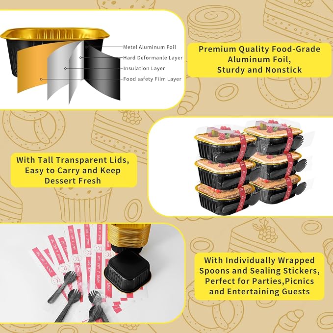 10oz Aluminum Foil Brownie Pans with Lids and Spoons, 40 Pack Square 4”X4” Disposable Ramekins Muffin Tins,Mini Cake Pans Baking Cups,Individual Cupcake Containers Dessert Cups - Black Gold