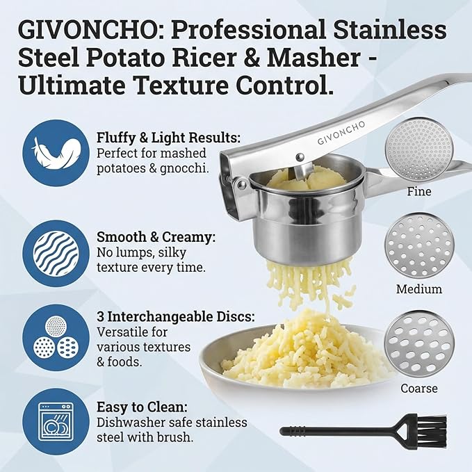 Stainless Steel Potato Ricer, Heavy Duty Potato Press & Masher with 3 Interchangeable Discs, Ergonomic Handle, Dishwasher Safe for Mashed Potatoes, Vegetables & Baby Food