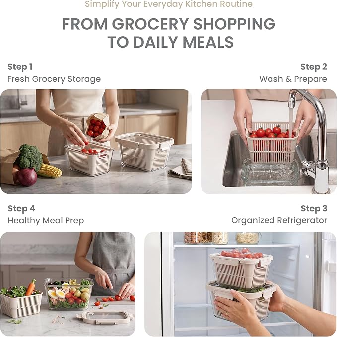2 Pack Large Glass Produce Containers for Fridge with Colanders | 142oz Borosilicate Glass Produce Containers, Airtight Food Storage with 81 oz Glass Lid & 61 oz Silicone Lid, BPA Free