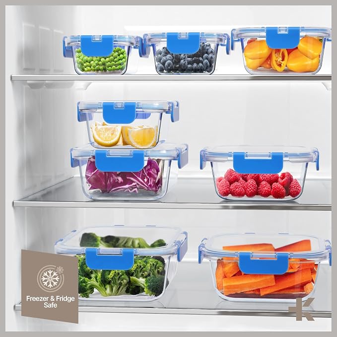 Bakken Borosilicate Glass Food Storage Containers with Lids 24 Pieces, BPA-Free Stackable Lunch & Leftover Containers, Microwave, Freezer & Dishwasher Safe, 100% Airtight Leak-Proof, Blue