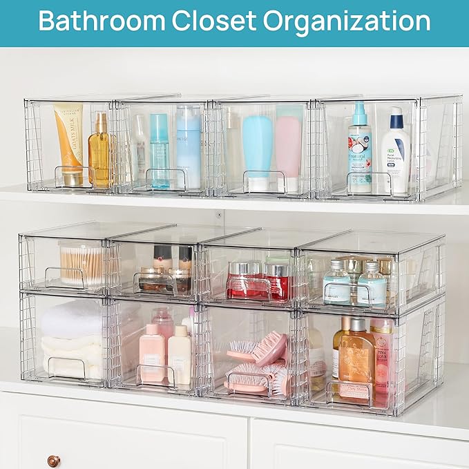Vtopmart 4 Pack Large Stackable Storage Drawers, Clear | Easily Assemble Bathroom Closet Undersink Organizers and Storage Kitchen Cabinets,Pantry,Makeup,Medicine Organization