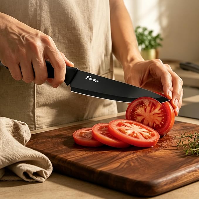 Knife Sets for Kitchen with Block, 15 Pieces Chef Knife Set with Self Sharpening, Stainless Steel Nonstick Ceramic Anti-Rust Coating Blades, Ergonomic Handle, Black Grey