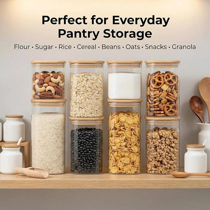 Airtight Glass Storage Containers with Lids Set, 9 Pack Pantry and Pasta Storage Containers 25/37/51/78oz, Square Kitchen Canister Set for Flour Sugar Rice, Cereal Beans Oats Spaghetti Pasta
