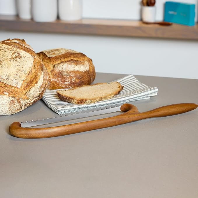 Nambé x Tom Papa Breaking Bread Serrated Knife, Handcrafted Stainless Steel Blade with Acacia Wood Handle - Long 17" Bread Cutting Knife with Protective Sleeve for Baking & Serving
