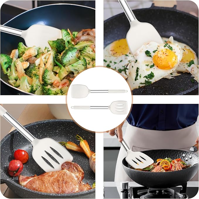 TeamFar Kitchen Utensils, 4 PCS Silicone Cooking Utensils with Stainless Steel Handle, for Nonstick Cookware Frying/Flipping/Draining, Non-toxic & Heat-proof, Non-scratch & Dishwasher Safe