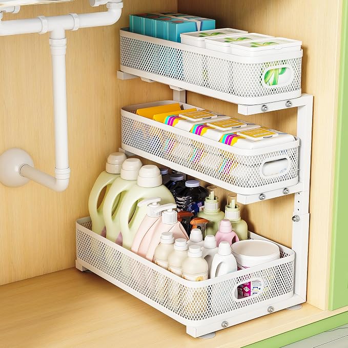 3-Tier Under Sink Organizer, Pull Out Cabinet Organizer for Kitchen & Bath | Height Adjustable, Heavy Duty Carbon Steel Holds 60 lbs, Rust-Proof Fits Kitchen Cabinet, Bathroom, Pantry & Laundry