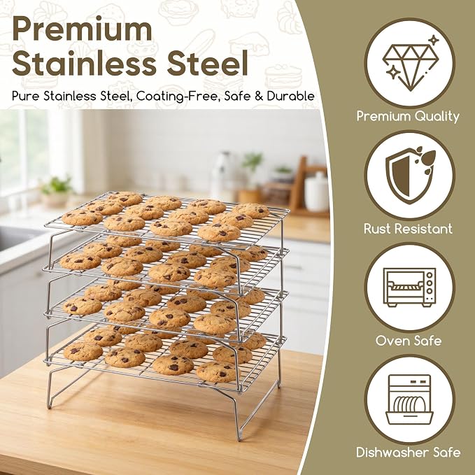 Herogo 15" x 10" Cooling Rack, 4-Tier Stainless Steel Baking Rack for Cookies, Cupcakes, and Pastries, Collapsible Space-Saving Design, Dishwasher Safe, Ideal for Baking, Roasting, and Drying