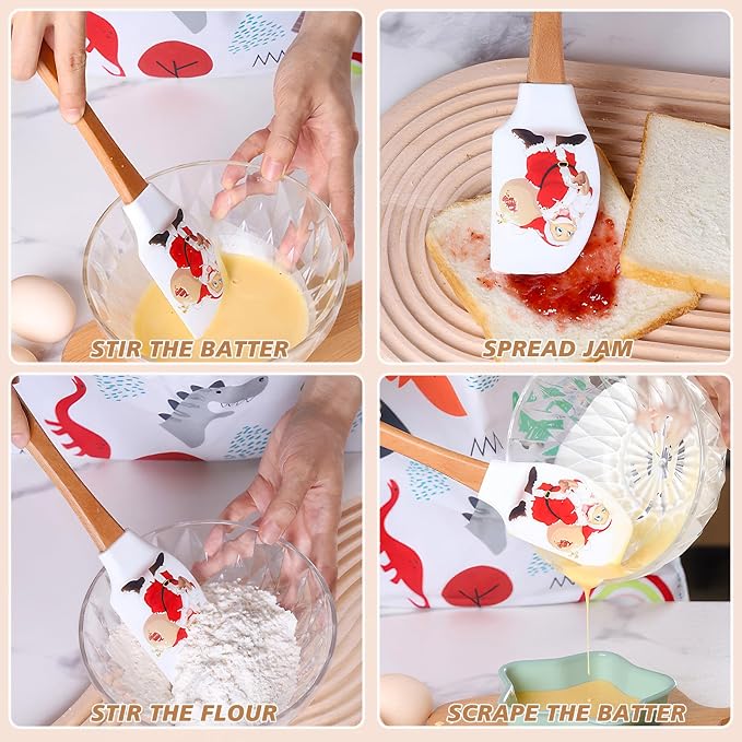 Silicone Spatula, Caliamary 3 Pieces Kitchen Silicone Spatula Set, Christmas Cake Decorating Spatula with Wooden Handle, Snowman Gingerbread Man and Santa Claus Pattern… (Santa Claus)