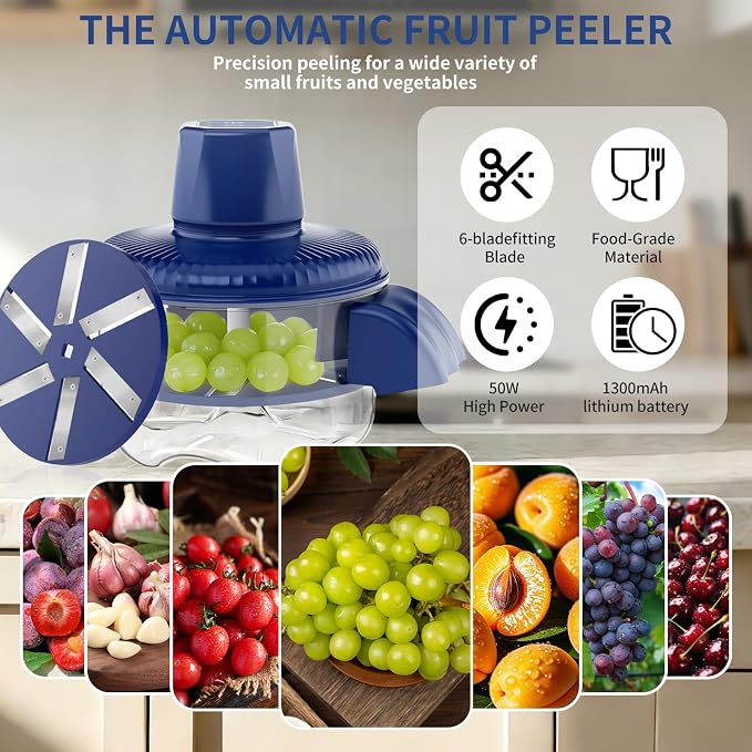 Electric Grape Peeler, Automatic Garlic & Cherry Tomato Peeler, Upgraded 6-Blade Cordless Fruit & Vegetable Skin Remover, Fast & Easy-Peel Kitchen Tool for Home, Camping, Picnics & Parties (Blue)
