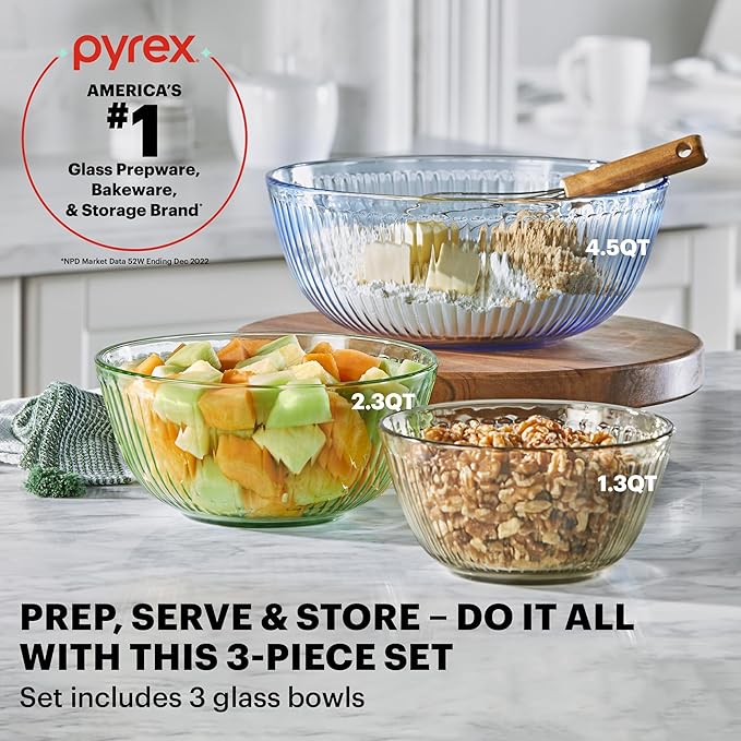 Pyrex Colors Tinted (3-Pack, Full Set) Sculpted Tinted Glass Mixing Bowls | 1.3, 2.3 & 4.5 QT nesting set of bowls with plastic lids for prepping & baking, dishwasher safe