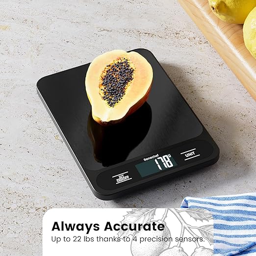 Food Scale, 22lb Ultra-Thin Digital Kitchen Scale, 1g/0.05oz Accuracy Ideal for Baking, Cooking, and Weight Loss Features 6 Measurement Units and LCD Display,Black,Easy to Clean, Batteries Included