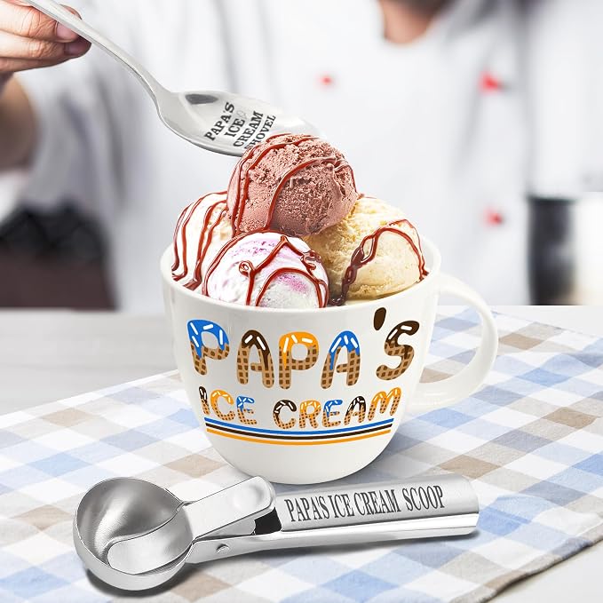 FUTBU Papa Gifts, Gifts for Him Papa Fathers Day, Dad's Ice Cream Bowl Scoop Shovel Spoon Set, Papa’s Ice Cream Gift, Ideal Xmas Birthday Father's Day Gift for Man