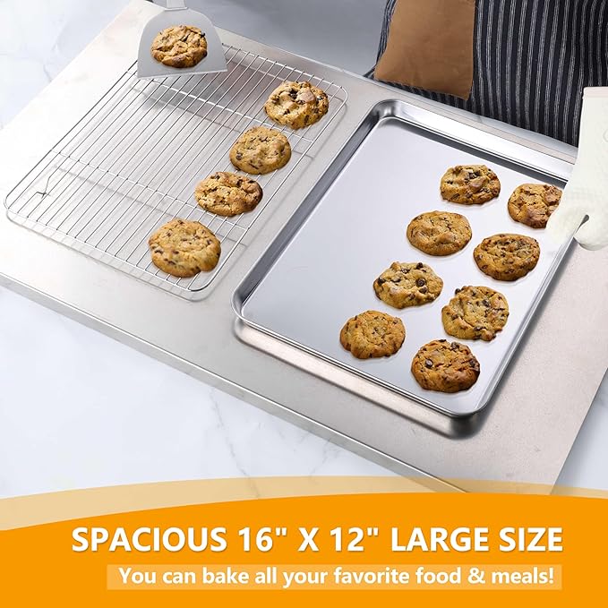 Homikit 16x12 Inch Baking Sheet with Wire Cooling Rack (1 Pan+1 Rack) | Stainless Steel Cookie Sheets for Baking, Metal Jelly Roll Pan Nonstick, Bacon Tray with Rack Set for Oven, Dishwasher Safe