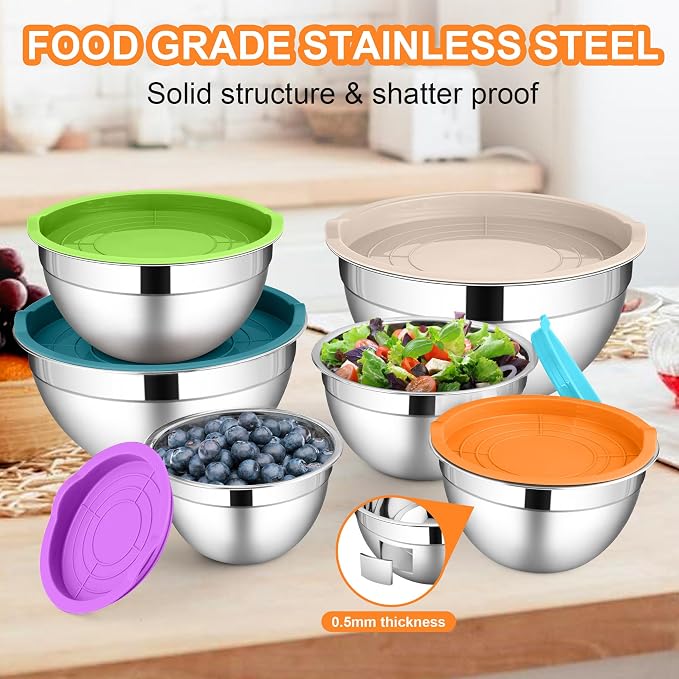LIANYU Mixing Bowls with Lids Set, Large 7 & 3.5 & 2.5 & 2 & 1.5 & 1QT | 6 Piece Stainless Steel Serving Bowls, Kitchen Metal Nesting Bowl for Cooking, Food Storage, Dishwasher Safe, Multi-Color