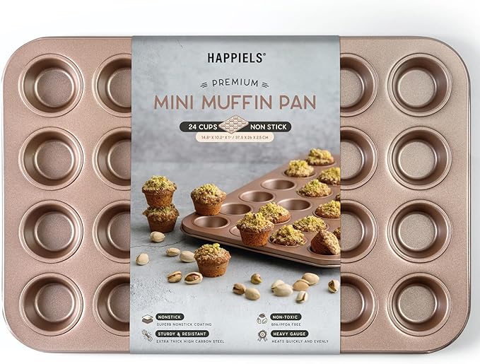 24 Cup Mini Muffin Pan Nonstick, PFOA & BPA Free | | Non-Toxic - High Carbon Steel - Gold - Small Cupcake Tin for Oven Baking