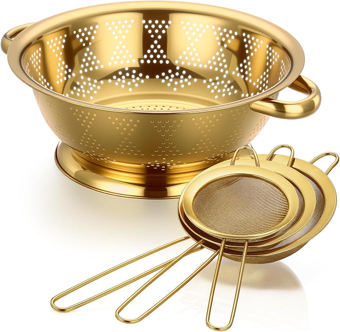 4 Pcs Gold Kitchen Accessories Includes Stainless Steel Colander and 3 Pcs Gold Fine Mesh Strainer Essential Kitchen Colander Strainers with Handles, Easy Clean and Dishwasher Safe (4.5 Qt)