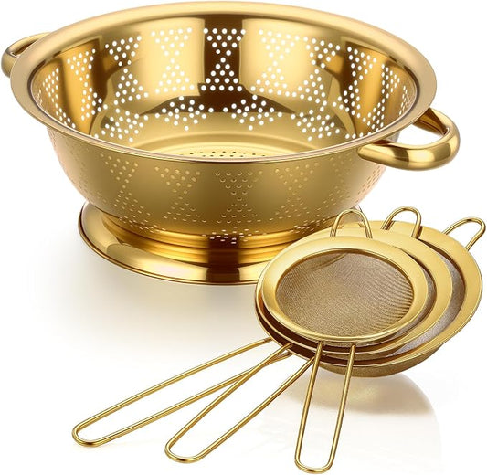 4 Pcs Gold Kitchen Accessories Includes Stainless Steel Colander and 3 Pcs Gold Fine Mesh Strainer Essential Kitchen Colander Strainers with Handles, Easy Clean and Dishwasher Safe (4.5 Qt)