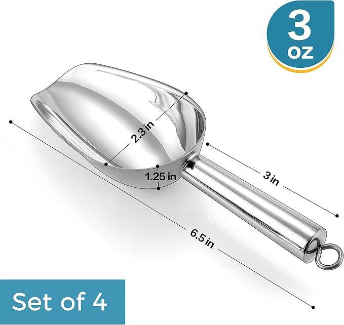 Herogo 3oz Mini ice Scoop Set of 4, Small Stainless Steel Scooper for Candy/Flour/Bean/Pet Food/ Ice Cube, Metal Utility Scoops for Kitchen Bar Party Wedding, Dishwasher Safe & Heavy Duty