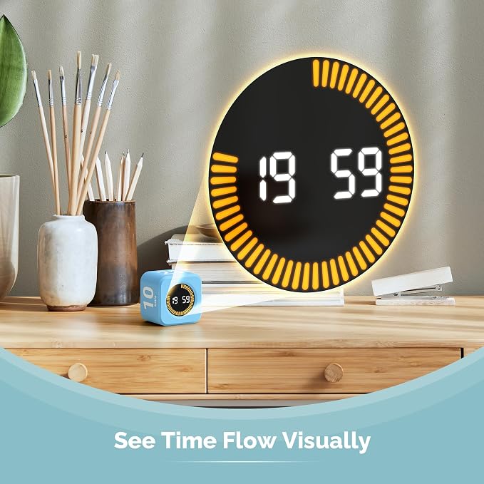 KADAMS Visual Timer – Cube Pomodoro Timer, LED Countdown Ring & Count Up Mode, Silent Flip Productivity Timer for Study, Classroom, Office, Cooking (Blue 5-10-25-50 min)