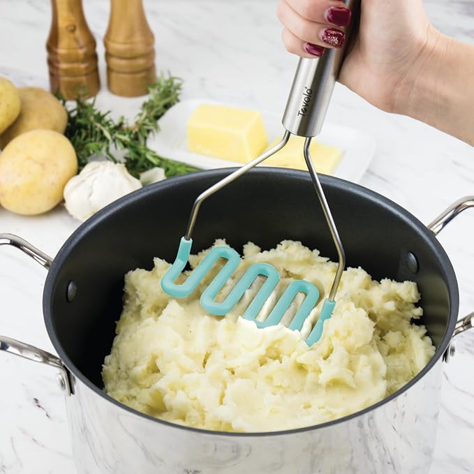 Tovolo Silicone Cooking Utensil Set of 6 Stainless Steel Handle Ladle Slotted Turner Tongs Flex Core Spatula Scraper Mixing Spoon & Masher, Dishwasher Safe BPA Free Utensils, Aqua Seafoam Green