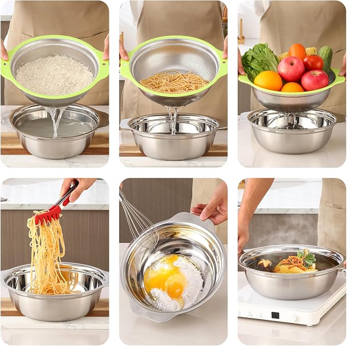 Colander Stainless Steel Microporous, 4QT Large Capacity Rice Strainer with Mixing Bowl, Rice Washing Bowl Set with Handle, Food-Grade Strainers and Colanders for Kitchen, Dishwasher Safe