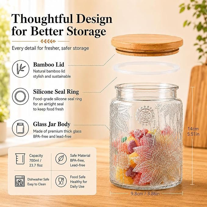 Vintage Glass Jars With Lids, 23.7oz Airtight Food Storage Containers,Kitchen Canisters For Sugar, Coffee, Tea, Spice, Flour, Candy Cookie, Pasta, Cereal, Cute Decorative Jars(Sunflower*1)