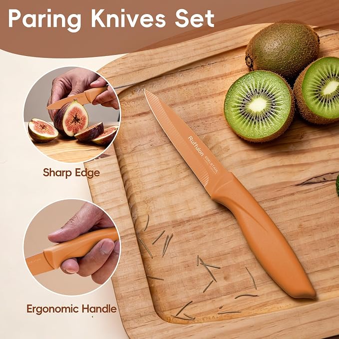 Paring Knife set of 4, 3.5-inch Orange Stainless Steel Peeler. | Straight blade with pointed tip design PP plastic ergonomic handle Specifically designed for cutting fruits and vegetables