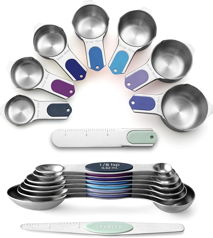 Spring Chef Magnetic Measuring Cups & Spoons Set of 16, Winter Frost | Patented Nesting Stainless Steel Measuring Cups & Heavy Duty Metal Measuring Spoons w/ Levelers for Dry & Liquid Ingredients
