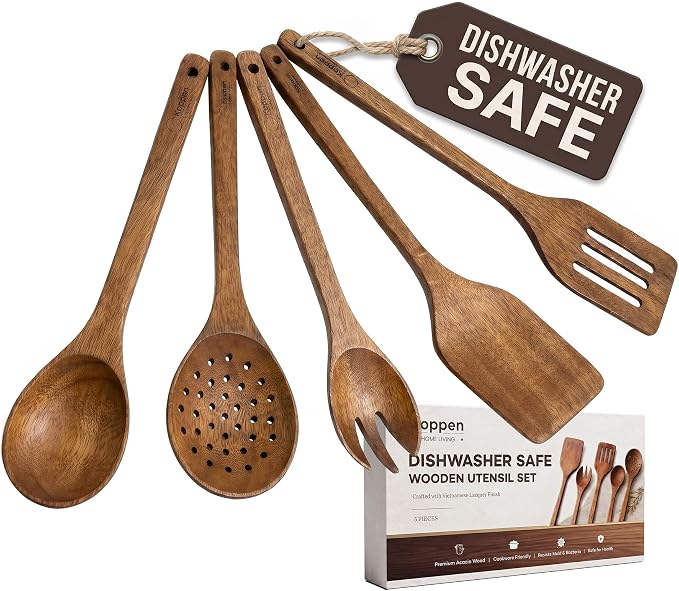 Koppen Dishwasher Safe Wooden Kitchen Utensils Set, 5 Pcs Acacia Wood Spoon Utensils for Nonstick Cookware, Resist Water Absorption & Crack Resistant, Long-Lasting, Non-Toxic for Everyday Cooking