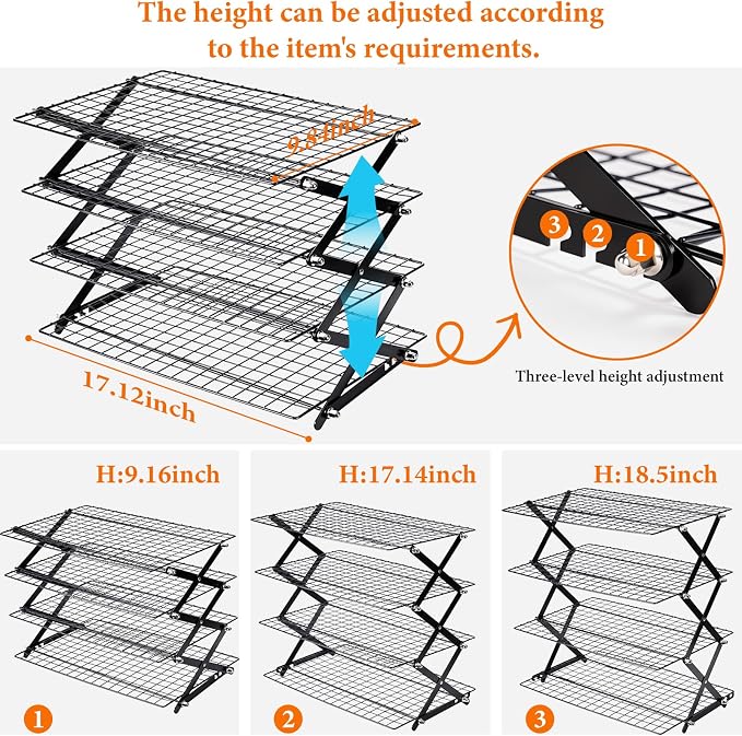 4 Tier Collapsible Cooling Rack，3 Setting Design, Adjustable ＆ Stackable Baking Rack, for Baking, Cookies, Bread, Gifts for Baking Must Haves