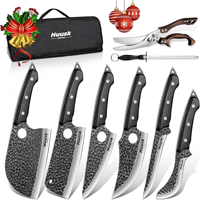 Huusk Serbian Chef Knife Set - 6Pcs Hand Forged Butcher Knife Set for Meat Cutting, Viking Boning Knives with Bag for Kitchen Outdoor BBQ Camping, Birthday Gift Idea Men