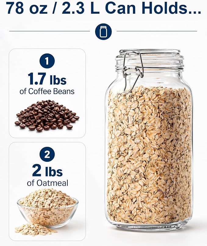 OneDream 78oz Glass Jars with Airtight Lid, 3 Pack Large Glass Storage Jars | Airtight Clamp Lids, Leak Proof, Wide Mouth, Thick Glass, Food-Grade, BPA-Free, Pantry Organization, with Labels & Marker