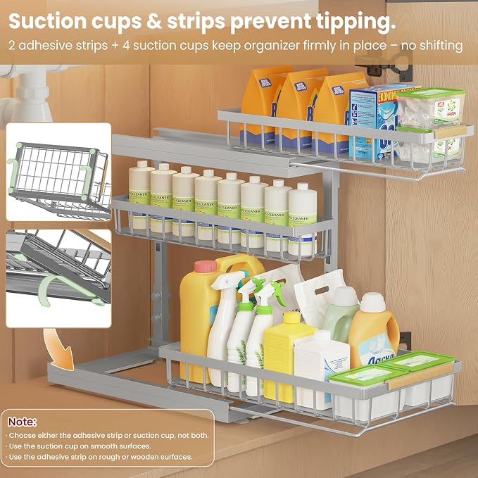 Under Sink Organizer and Storage for Bathroom and Kitchen - 2 Pack 3 Tier | Cabinet Pull Out Shelf Organizers - Slide Out Drawer Organization for Home Cabinets Shelves and Drawers
