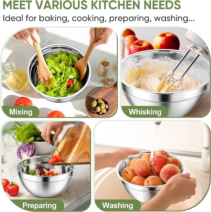 TeamFar Mixing Bowls, 3PCS Stainless Steel Serving Salad Bowls with Lids & 3 Graters, For Kitchen Mixing/Baking/Storing/Prepping, Visible & Airtight, Easy Clean - 4.5/3 / 1.5 QT, Khaki