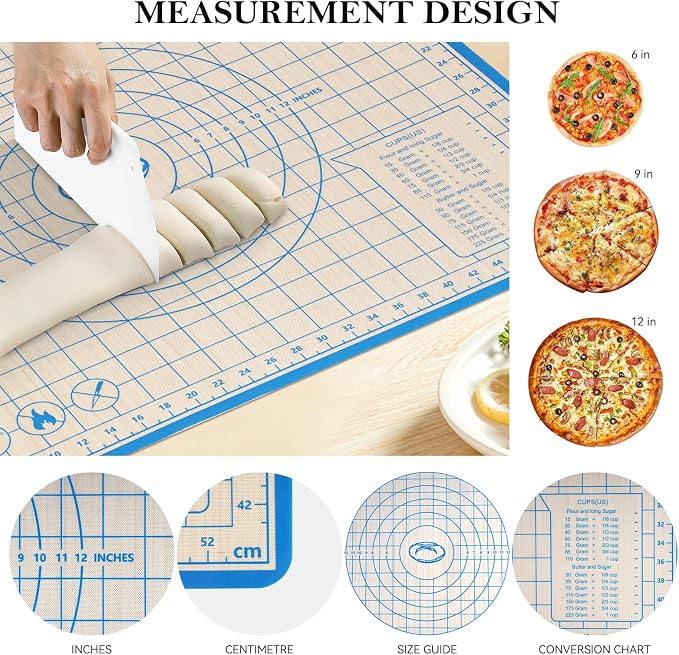 Silicone Baking Mat Set, 28x20 & 16x12 Inch, Blue (2 Pack) | Food-grade silicone; non-stick, non-slip; pastry dough kneading; printed measurement guides