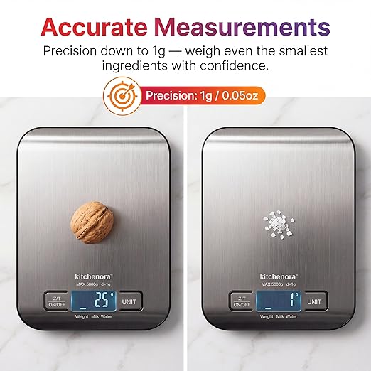 Digital Food Kitchen Scale, 11lb/5kg Capacity with 1g Precision, 5 Units (g/oz/lb:oz/ml/fl'oz), 304 Stainless Steel Surface, Backlit LCD, Tare Function for Cooking, Baking, Keto & Meal Prep