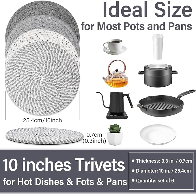 Billbotk 10" Trivets for Hot Dishes, Hot pots and Pans, Set of 4, Heat Resistant Pot Holders for Kitchen, Hot Pads for Countertops