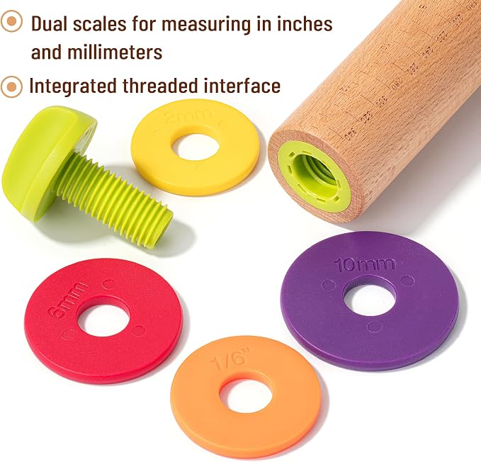BAMBOO LAND- Adjustable Rolling Pin with Thickness Rings, 13.8", 4 Rings | 2-10 mm / 1/16"-3/8", Wood Rolling Pins for Baking Bread, Pizza Doughs