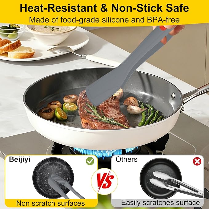 Beijiyi Kitchen Tongs for Cooking, 9" & 12" Set, Silicone Cooking Tongs with Silicone Tip for Nonstick Cookware, 600°F Heat Resistant, Stainless Steel Core, Great for Grilling and Serving Food (Gray)