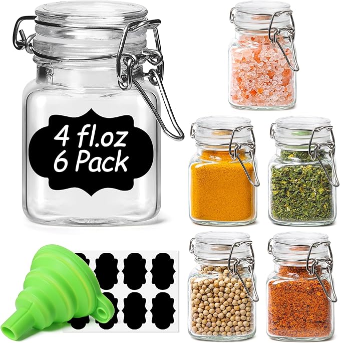 ComSaf Square Small Glass Spice Jars with Airtight Lids 4 oz 6 Pack Pantry | Honey herbs, Farmhouse pantry organization, Mini favor jars, Labels included, Funnel included, Kitchen storage, Snacks