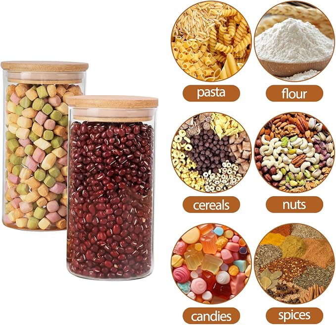 6pcs Glass Food Storage Containers with Bamboo Lids, 0.6qt Glass Jars | Airtight Pantry Storage Jars for Flour, Sugar, Dry Goods